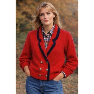 Vintage LL Bean Womens Sweater Sz Medium Red Navy Blue Wool Cardigan Jacket
